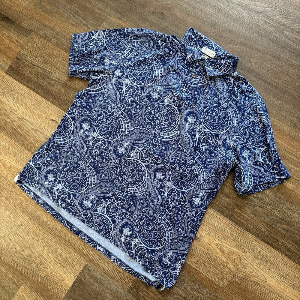 Peter Millar Crown Soft Blue Paisley Bandana Print Polo Shirt Men's Sz XL‎